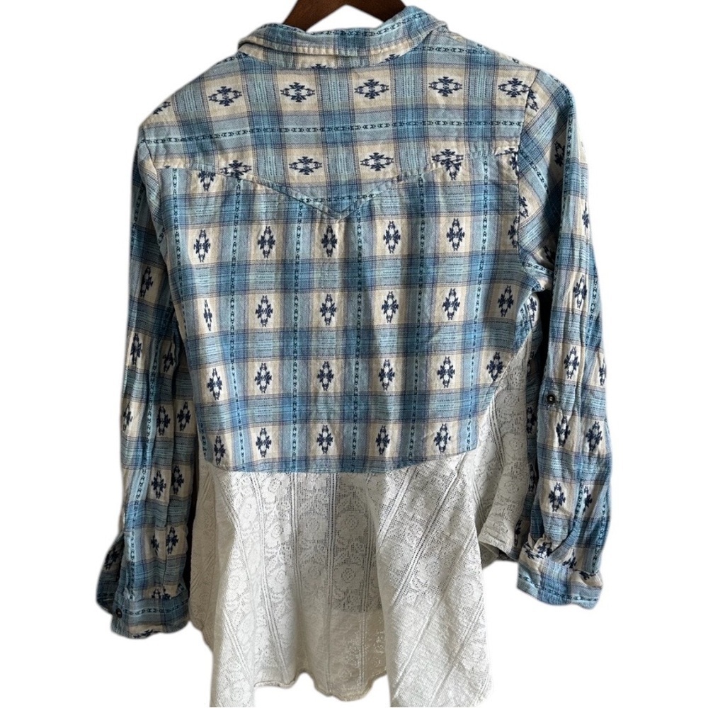 VTG 90s Angie Women S Southwestern Button Up Top Lace Peplum Blue Plaid Boho - Picture 15 of 15